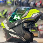 JIEKAI JK-902 Fluorescent Green Neon Dual Visor Helmet – DOT Approved with Built-In Spoiler & Red Line Accents - Image 2