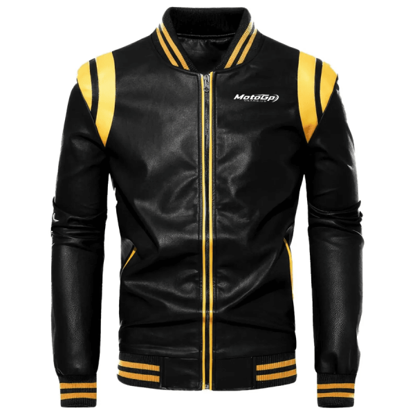 Men’s Black Biker Sheepskin Motorcycle Slim Fit Yellow Stripes Racing Jackets