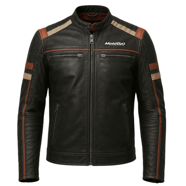 Men’s Black Café Racer Leather Jacket – Vintage Style Quilted Shoulders & Striped Sleeves Biker Motorcycle