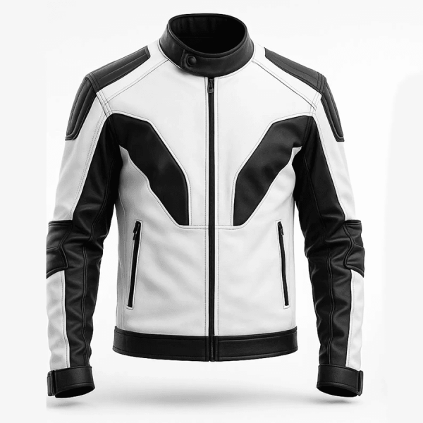 Men’s Black & White Leather Jacket – Biker Streetwear Coat.