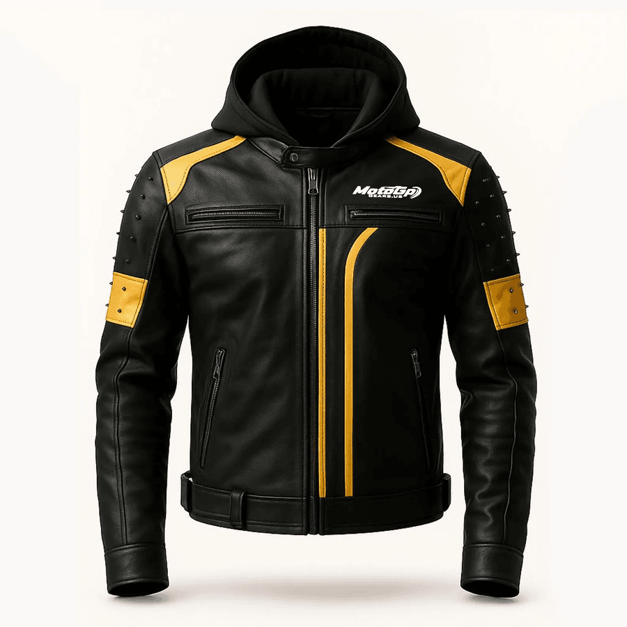 Men’s Black & Yellow Black Leather Jacket with Removable Hood – Handmade Biker Style Men’s Black & Yellow Black Leather Jacket with Removable Hood – Handmade Biker Style
