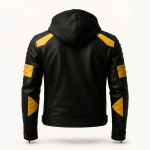 Men's Black & Yellow Leather Motorcycle Racing Jacket – Pre-Curved Arms - Removable Hood - Image 2