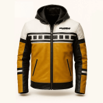 Yellow Black White Motorcycle Racing Jackets with Hood Handmade Men’s Sheepskin Biker Coat