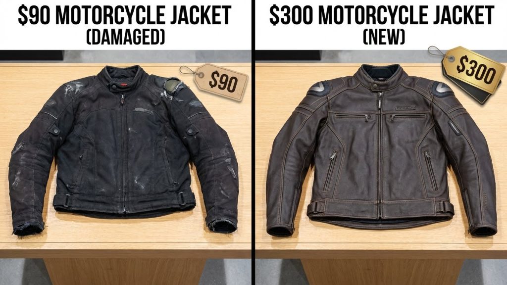 90$ motorcycle jacket and $300 motorcycle jacket. 90$ motorcycle jacket show some demage.